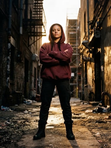Low-angle portrait of a model in a heavyweight burgundy hoodie standing in a gritty concrete alleyway, dramatic golden-hour backlighting, high-contrast shadows, 35mm film.