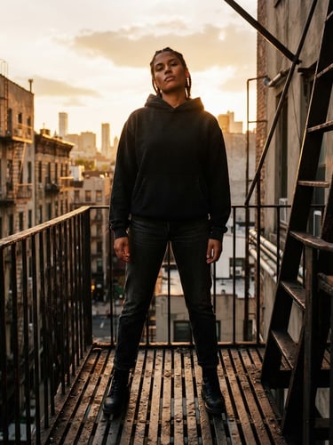 Low-angle heroic shot of a model in a dark heavyweight hoodie standing on a gritty concrete fire escape at golden hour, warm backlighting, rich gold tones, 35mm film