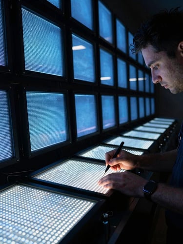 LED panellerin milimetrik hizalamasını kontrol eden bir teknisyenin yakın çekimi, elinde hassas bir ölçüm aleti tutuyor, arka planda modern bir mimari iç mekan, ekranlar soyut mavi ışık desenleri yansıtıyor, yüksek kontrastlı, karanlık ve teknik bir atmosfer.