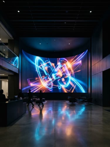 Wide architectural shot of a seamless LED video wall integrated into a modern corporate lobby, displaying a vibrant, high-resolution graphic. Low-key ambient lighting, the LED panel is the primary light source, creating dramatic contrast, sharp details, 35mm lens.