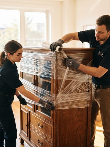 Bright editorial photography of professional movers in uniform carefully wrapping a wooden cabinet in thick protective film, warm morning daylight, clean high-contrast tones, sharp focus, 35mm