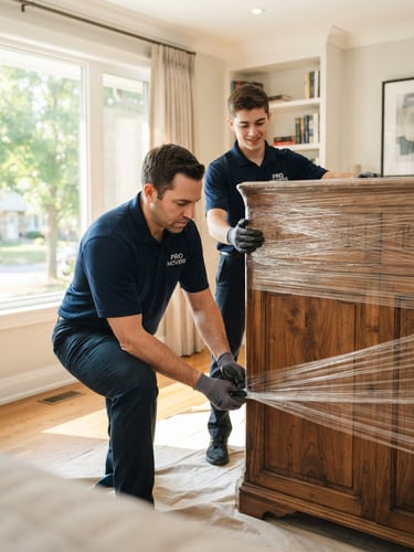 Bright morning editorial photo of professional movers in clean uniforms carefully securing a solid wood cabinet with protective wrap inside a well-lit home, sharp focus, 35mm