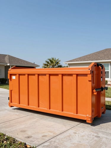 Wide environmental shot of a clean orange roll-off dumpster positioned on a concrete driveway of a Houston residential home, bright Texas sunlight, sharp focus