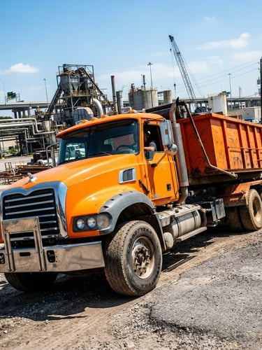 Low-angle heroic shot of a safety-orange roll-off delivery truck under bright Texas sunlight, industrial Houston backdrop, sharp focus