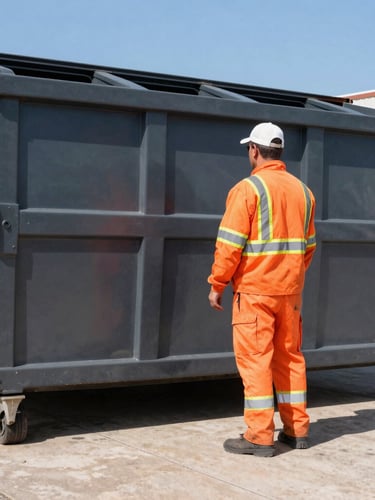 A professional driver in high-visibility orange safety gear standing next to a clean roll-off dumpster, bright direct Texas sunlight, sharp focus
