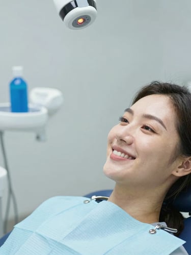 modern dental clinic interior, soft natural window light, clean green and white tones, professional, warm