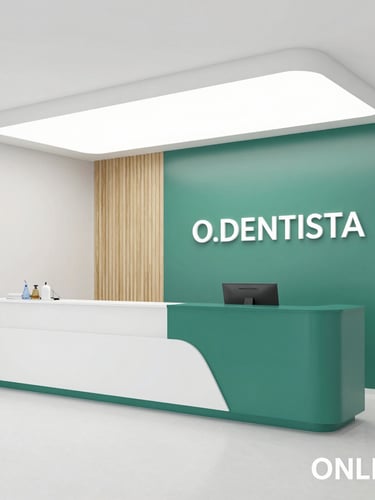 Modern dental clinic reception, soft natural window light, clean green and white tones, warm and professional atmosphere