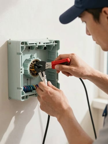 A professional electrician in a clean uniform wiring a modern junction box under bright natural daylight, close-up on hands and tools, 35mm