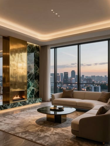 Wide-angle architectural render of a luxury furnished studio apartment, warm low-contrast twilight lighting, brushed brass accents, emerald stone details, bespoke modern furniture, panoramic window overlooking city lights.