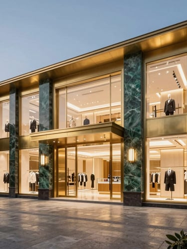 Wide-angle architectural render of a double-height luxury retail facade at twilight, gold-accented brass frames, emerald stone columns, warm interior light spilling onto a polished granite plaza.