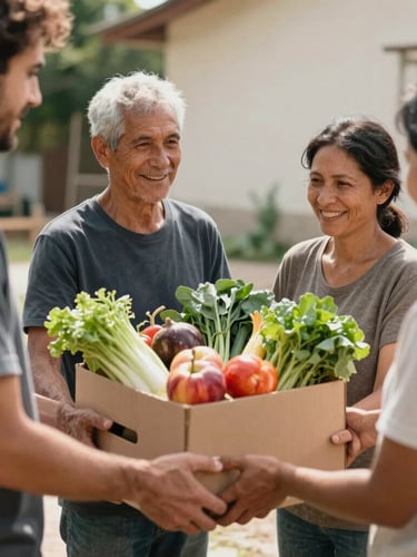 Candid documentary-style portrait, warm natural daylight. Hands of volunteers handing a box of fresh produce to a family, focusing on the genuine human connection and natural textures, clean composition, portrait aspect.
