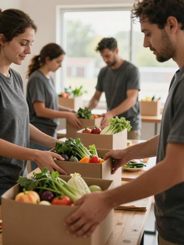 Candid documentary-style shot of church volunteers organizing boxes of food in a bright, naturally lit community center, focus on hands placing fresh produce, warm daylight.