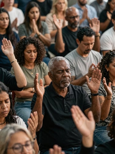 Candid documentary-style shot of a diverse congregation sitting in warm natural daylight, hands raised in unified, sincere prayer, high contrast, editorial feel.
