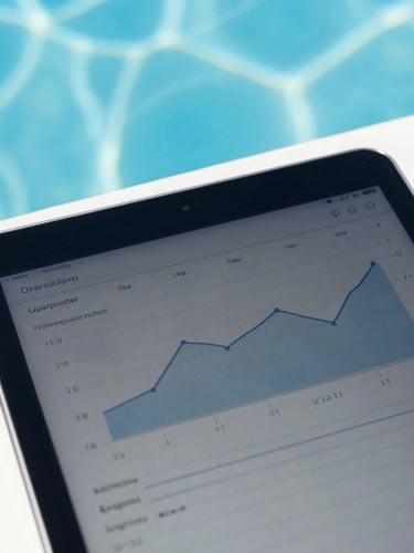 Close-up of a digital tablet screen showing water quality charts, with a pristine pool surface reflecting bright Florida sunlight in the background.