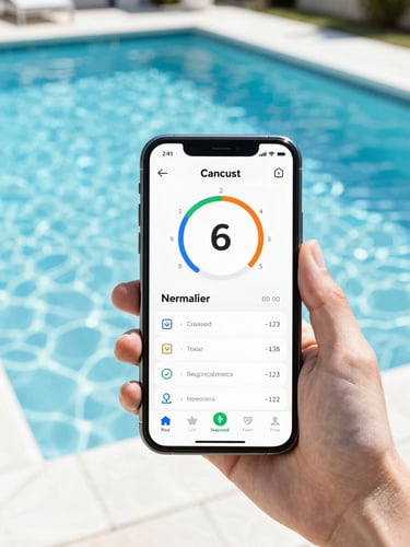 Bright high-key photography of a smartphone displaying a clean digital dashboard with water metrics, held over a sparkling residential pool in crisp Orlando sunlight.