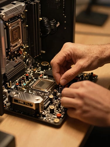 Cinematic warm-toned shot of hands assembling a high-end PC motherboard under moody interior lighting, shallow depth of field