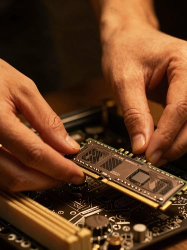 Close-up of hands carefully inserting a RAM stick into a high-end motherboard, warm cinematic amber lighting, dark background, shallow depth of field