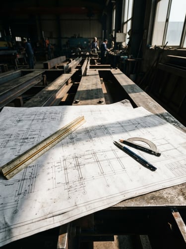 Close-up of civil engineering blueprints on a structural steel desk, high-contrast midday sun casting sharp shadows, technical drafting tools, precise and professional
