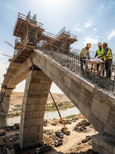 Low-angle dramatic wide shot of a massive concrete bridge span under construction in Iraq, steel rebar exposed, engineers in high-vis vests reviewing plans, harsh midday sun casting strong shadows.