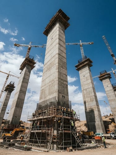 Low-angle heroic shot of massive concrete bridge pillars under construction in Iraq, harsh midday sunlight, steel blue sky, heavy cranes in background