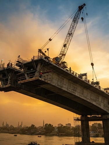 Low-angle shot of a massive concrete bridge span under construction in Baghdad, crane boom silhouetted against dramatic golden hour sky, dusty air