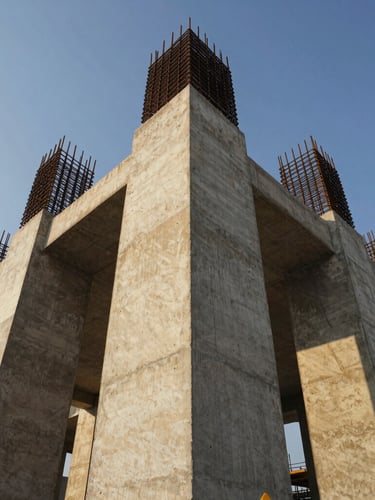 Low-angle dramatic shot of a massive concrete foundation pillar under construction, steel rebar grid exposed at the top, dusty gold light, wide-angle lens