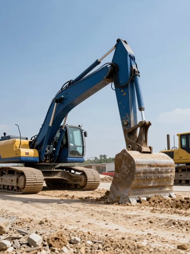 Low-angle heroic shot of active heavy excavators and bulldozers moving earth on a dusty highway construction site, harsh midday sun, steel blue tones