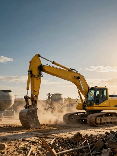 Active construction site with heavy yellow excavators and concrete mixers operating under dramatic golden hour light, dust clouds, industrial scale