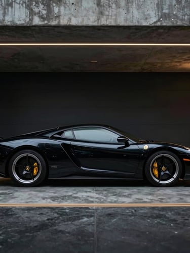 Dramatic side profile of a classic luxury sports car silhouette in a dark Brasília garage, concrete architecture lines, soft gold light edge