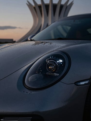 Close-up of a Porsche 911 headlight reflecting Brasília's iconic cathedral curves at twilight, low-key dramatic studio lighting, deep shadows.