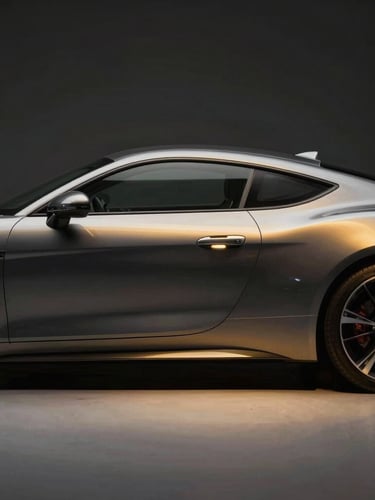 Cinematic side profile of a modern luxury coupe, dramatic studio lighting with golden highlights reflecting on polished graphite paint, dark atmospheric background.