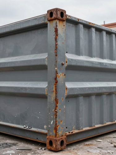 Ground-level close-up of a heavy steel roll-off container exterior on a Miami job site, overcast daylight, rusted bolt detail and reinforced corner posts visible, construction debris visible inside the container lip