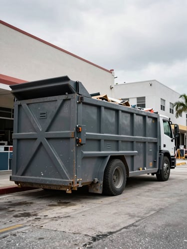 Wide ground-level shot of a heavy-duty steel roll-off dumpster parked along a Miami commercial street under flat overcast daylight, construction debris visible inside the container, urban building facades in the background, shot from a low angle to emphasize scale