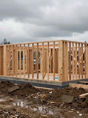 Wide environmental shot of an active residential construction site in Washington State under overcast skies, raw wood framing visible, damp earth in the foreground.
