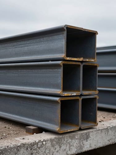 Macro shot of heavy steel beams stacked on a concrete foundation, cool overcast daylight, high contrast.