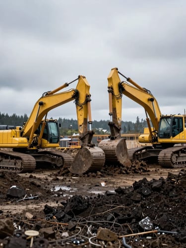 Wide environmental shot of an active Pacific Northwest construction site under an overcast sky, heavy machinery clearing damp dark earth, high contrast, cool tones.