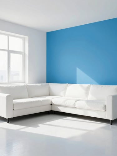 Bright clean living room with high-key natural daylight, crisp white and blue tones, sharp focus, 35mm