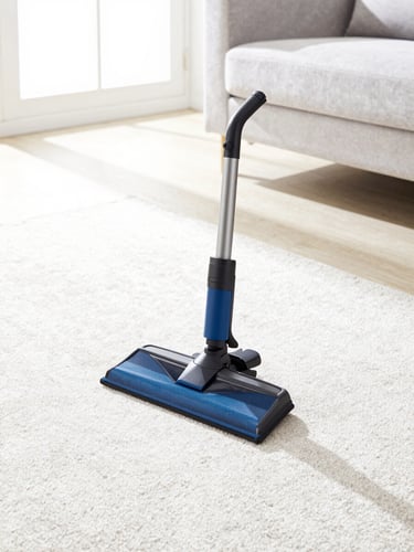 bright clean commercial photography, high-key natural daylight, crisp white and blue tones, a freshly vacuumed modern living room with crisp sunlight lines on carpet, sharp focus, 35mm