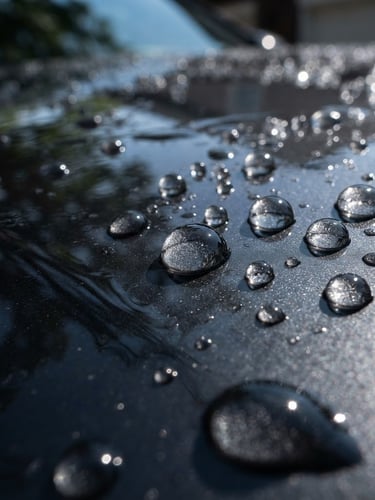 Macro close-up of water perfectly beading on a freshly applied ceramic coating, high-contrast outdoor daylight, rich glossy charcoal paint reflections.