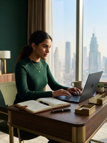 Focused student studying on a laptop in a bright, modern architecturally striking home office in Dubai, soft morning window light, premium stationery, shallow depth of field, 35mm lens