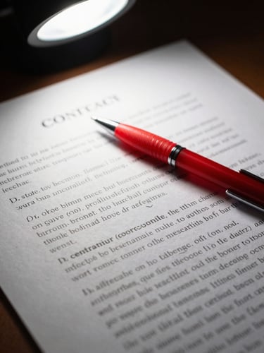 Close-up macro of a heavily annotated contract page on a desk, red pen resting diagonally across handwritten margin notes, single overhead lamp casting clean directional light on the paper surface, dark background beyond the document edge
