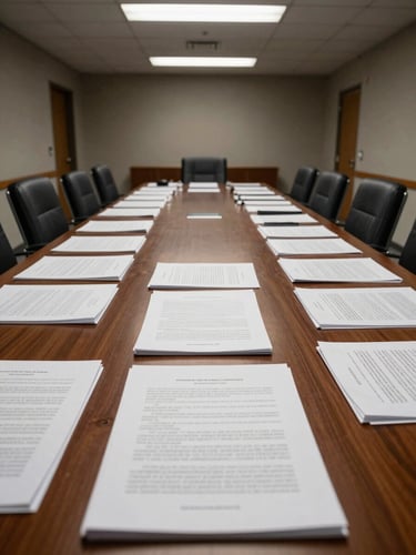 Wide interior of a litigation strategy room, long conference table covered with open case files and annotated briefs, overhead fluorescent light casting sharp clean shadows, viewed from the far end of the room with empty chairs, no people present