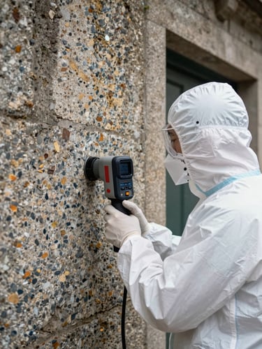 Technician in clean white protective gear using a thermal imaging device on an old granite wall inside a Porto house.