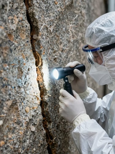 Close-up of a professional technician in clean white biosecurity gear inspecting a historic granite wall fissure with a technical flashlight.