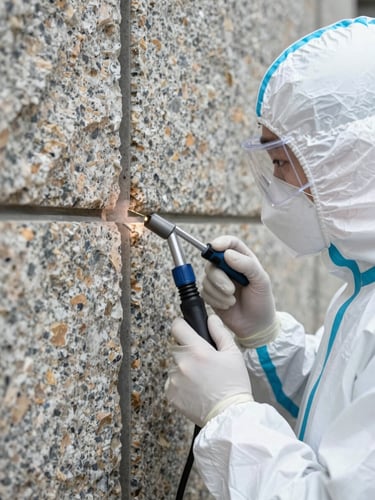 Clinical macro photograph of a professional biosecurity technician in clean, unmarked white protective gear inspecting a historic granite wall seam with a precision torch, bright high-contrast lighting.