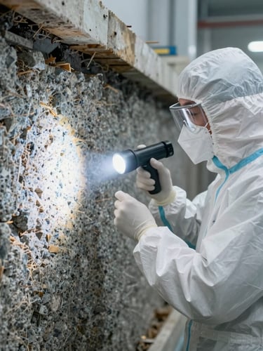 Technical operator in clean unmarked white protective gear inspecting a granite wall foundation with a professional flashlight, bright clinical lighting, high contrast.