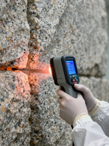 Bright clinical macro-photography of a technician in clean white unmarked gear using a thermal imaging device on an ancient granite wall seam, high-contrast lighting.