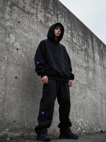 Low-angle dynamic shot of a model wearing an oversized black hoodie standing against a concrete brutalist wall, overcast moody lighting, 35mm lens