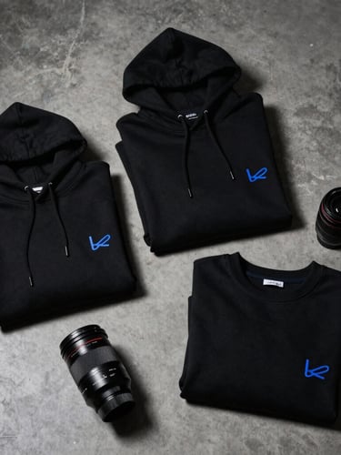 A clean flat-lay of custom corporate packages with folded heavyweight black hoodies, high-contrast studio lighting with deep shadows, electric blue accents, 35mm lens