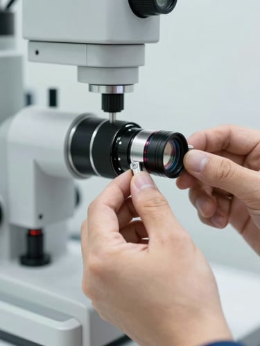 Close-up of a professional technician's hands calibrating a high-precision ophthalmology device lens in a sterile, bright clinical environment, sharp focus, technical tools visible